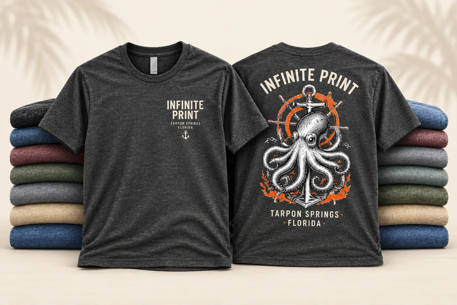District DM130 Perfect Tri tees printed front and back, with a stack of tri-blend colors